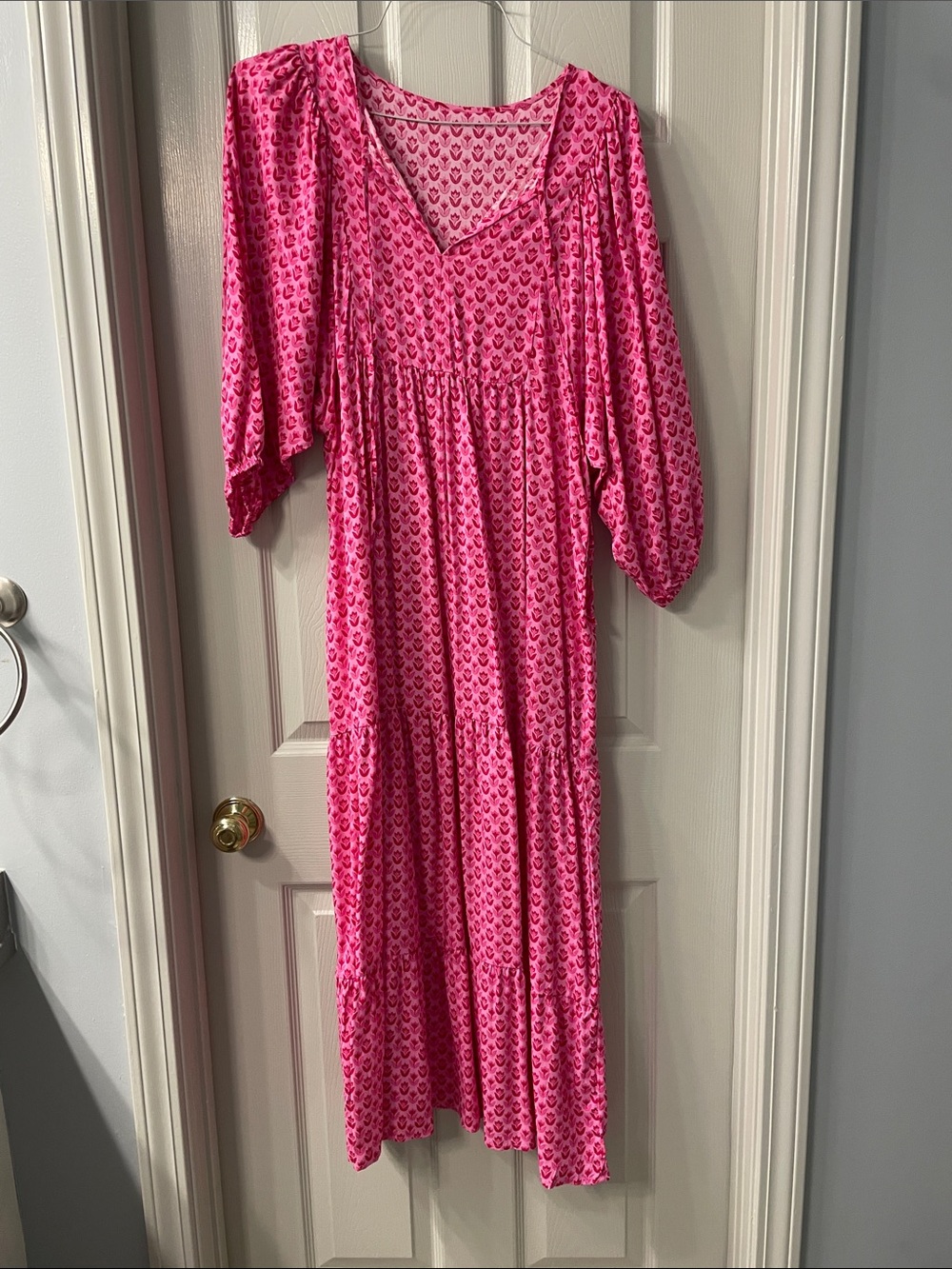 Pink Women's V-Neck Tiered Maxi Dress